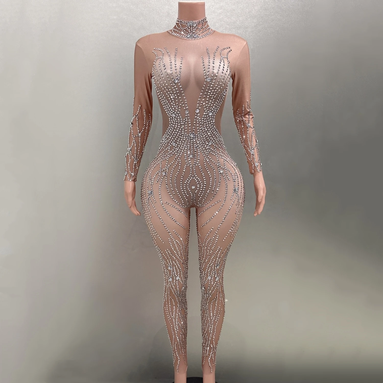 

Performance Costume Stage Wear Women Long Sleeve Sexy Shinning Rhinestones Bodycon Jumpsuit Nightclub Party Bar Dancer Wear