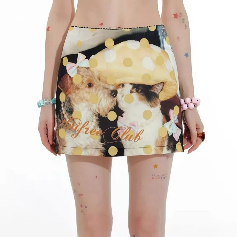 Women Animal Print Polka Dot Midi Skirt Cute Retro Straight-Cut Slim Summer Skirts Kawaii Clothing Tulle Skirt Y2K Streetwear