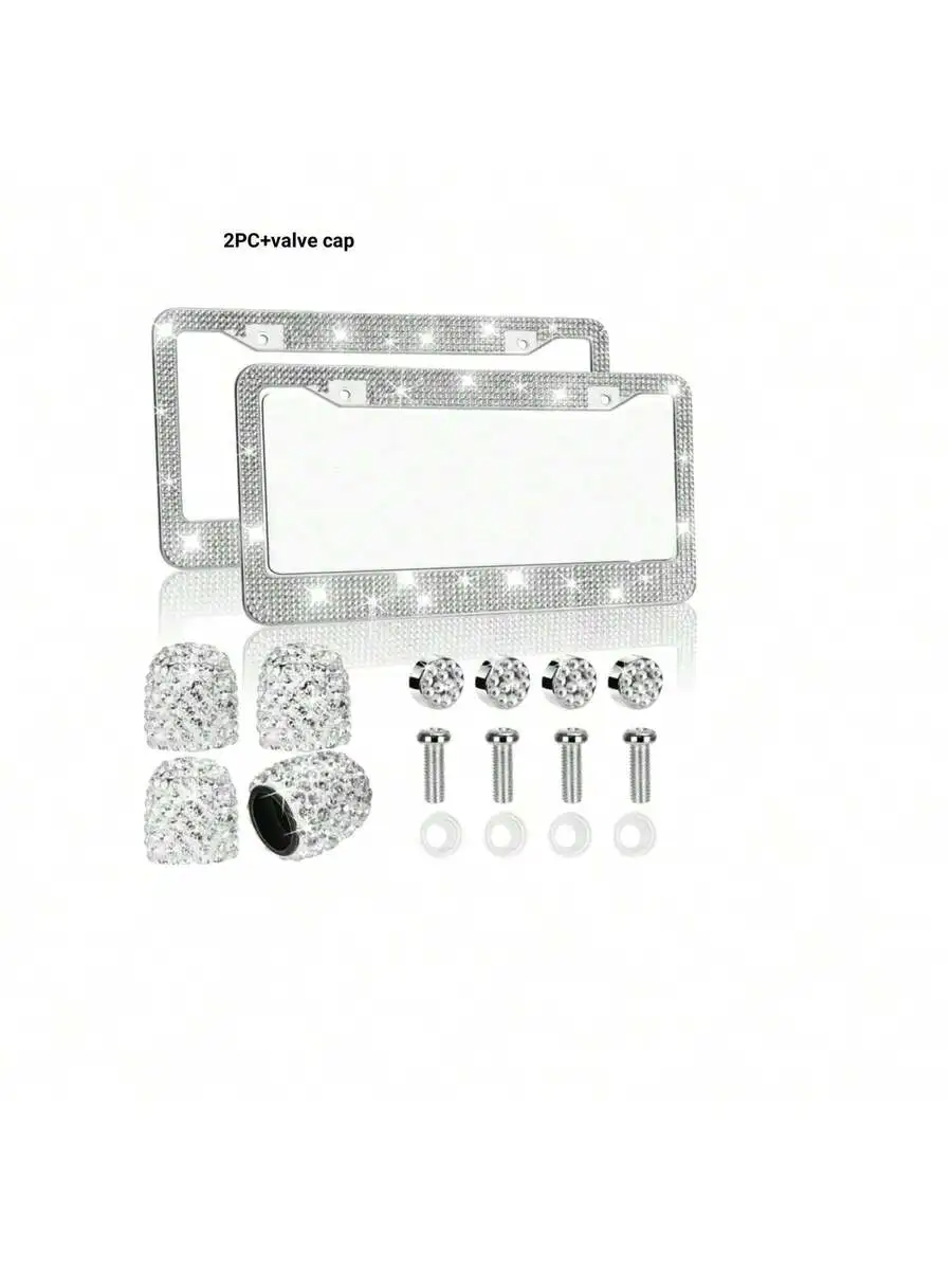 

Bling Rhinestone License Plate Frames 2 Pack With Valve Stem Caps