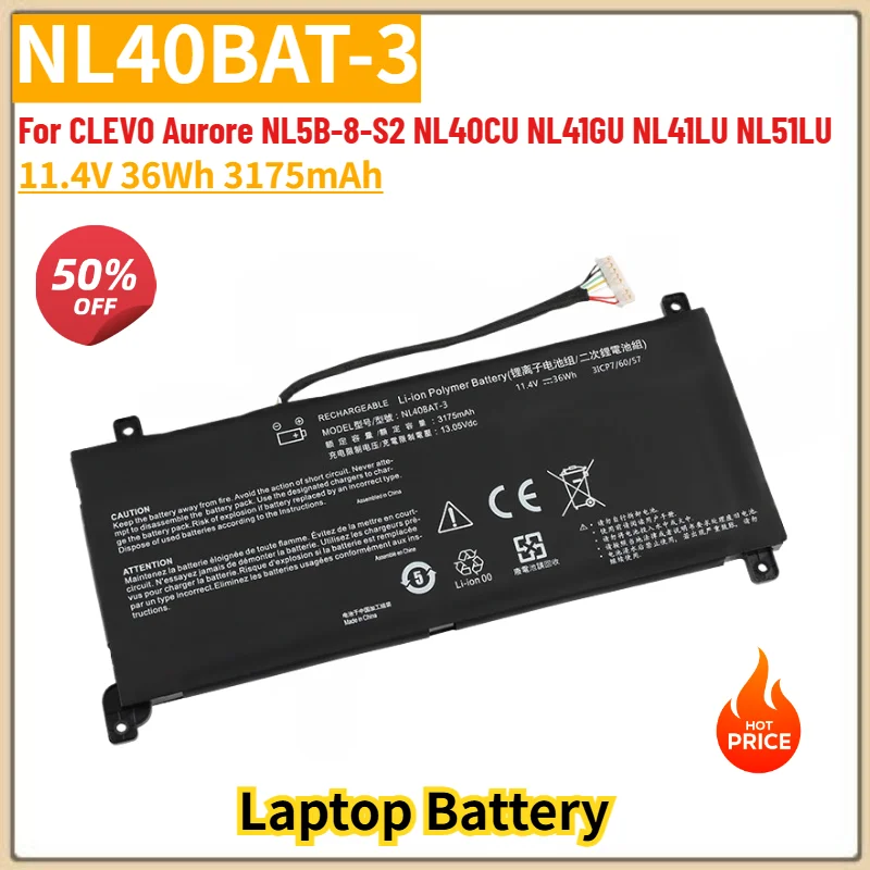 

High Quality NL40BAT-3 Laptop Battery 11.4V 3175mAh for CLEVO Aurore NL5B-8-S2 NL40CU NL41GU NL41LU NL51LU Replacement Battery