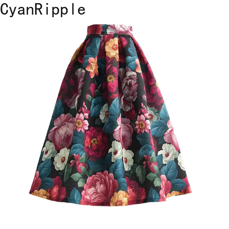 New Spring Autumn Vintage Flower Printed High Waist Puffy Skirt All-match High Waist Elegant A-line Big Bottom Umbrella Skirts