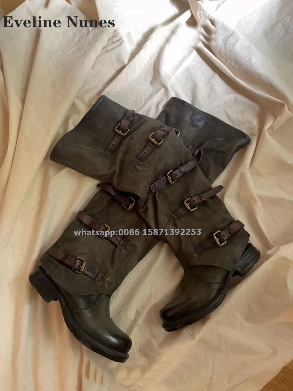 Belt Buckle Pleated Retro Boots Round Toe Tank Soled Street Wasteland Style Mid-Calf Boots Cool Dark Sleek Modern Shoes 2024