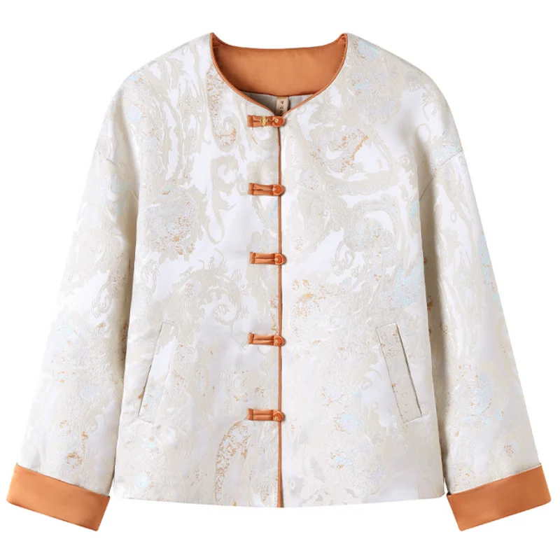 Women Casual Qipao Tops Jacquard Elegant Long Sleeve Cheongsam Vintage Button Chinese Style Clothes Round Collar Blouse