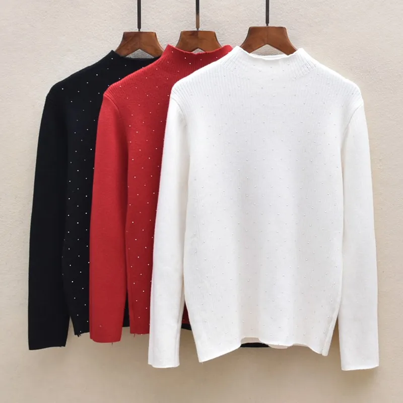 

Thiened Long Sve One-piece Fce Diamond Autumn Winter Clothes Women's Knitted Sweater High Collar Crew Ne Pullover