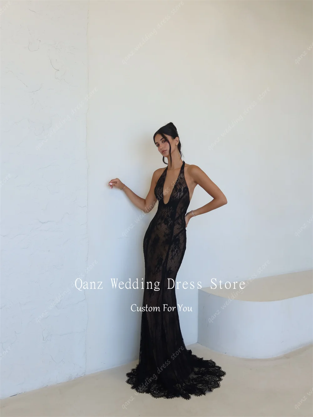 Qanz Black Luxury Evening Dresses 2026 Lace Appliques Mermaid Deep V Neck Robe De Soirée Long Train Vestido De Festa Customized