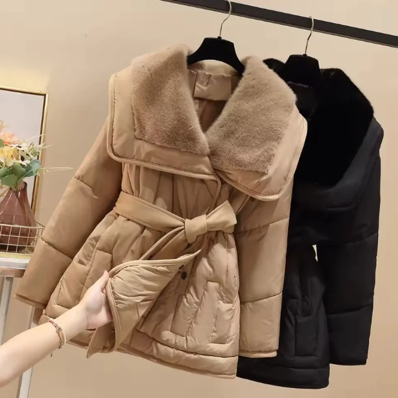 Fashion Wide Lapel Mink-fleece Collar Insert Down Cotton Coat Women Winter New Thicken  Warm Short Waist Cinched Puffer Jacket
