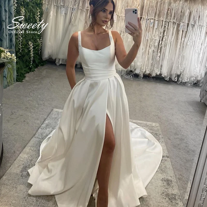 

Simplicity Robe MariéE Satin Square Collar Sleeveless A-Line Slit A Line Ball Gown Soft Satin Bridedress Backless Robe De Mariee