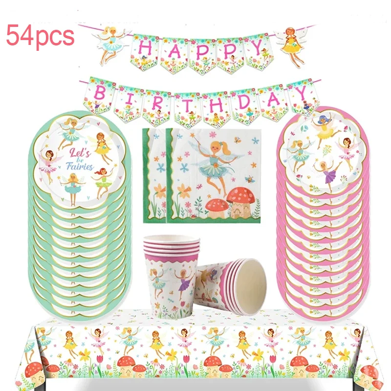 

Flower Fairy Tableware Set Pink Floral Paper Plate Cup Tablecloth Girls Birthday Party Decoration Fairy Cake Topper Baby Shower