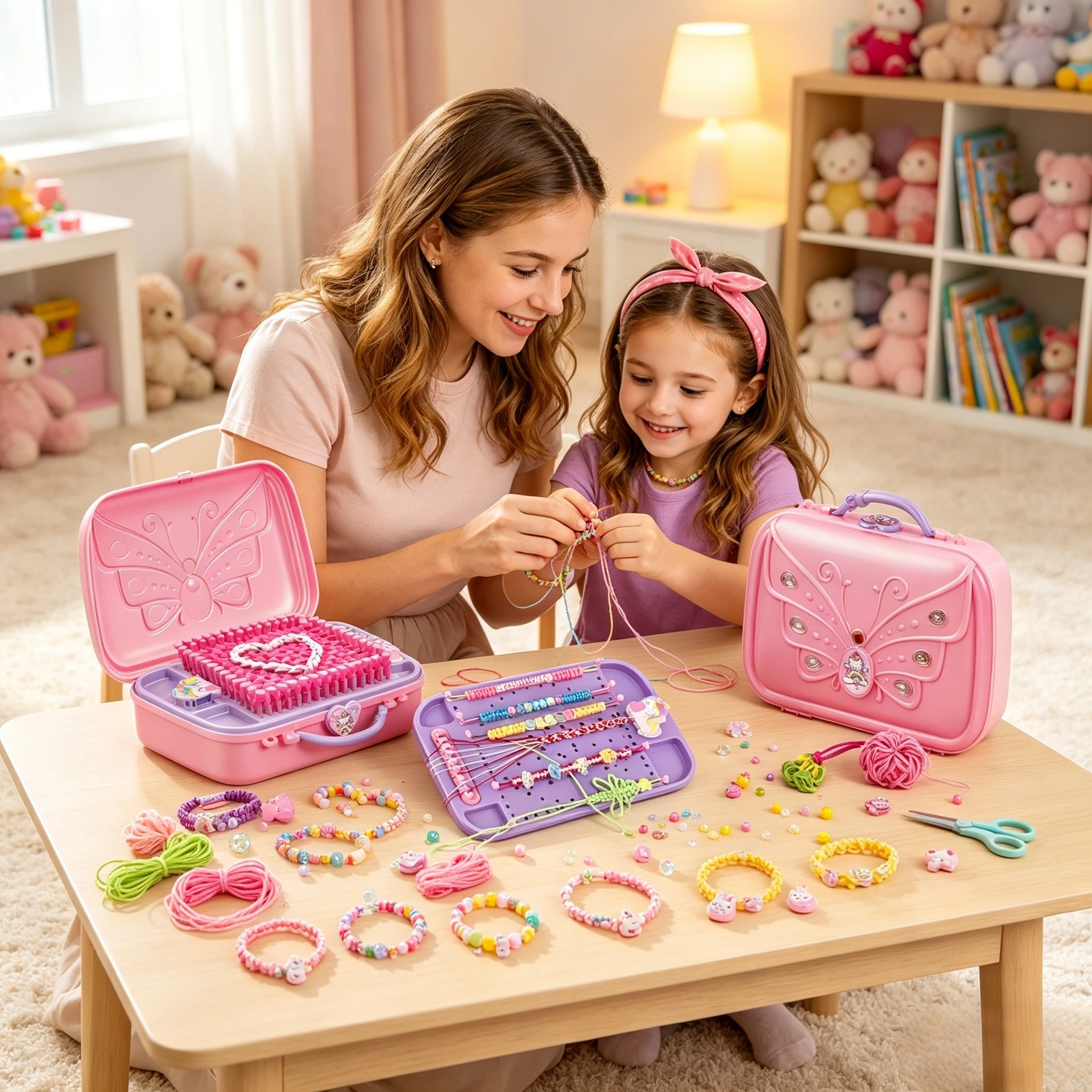 Children's Handmade Bracelet Making Kit with Complete Materials, DIY Creative Toys for Girls, 6 Types of Weaving Styles, Portable Storage Box, Holiday Birthday Gift for Girls Aged 6 and Above