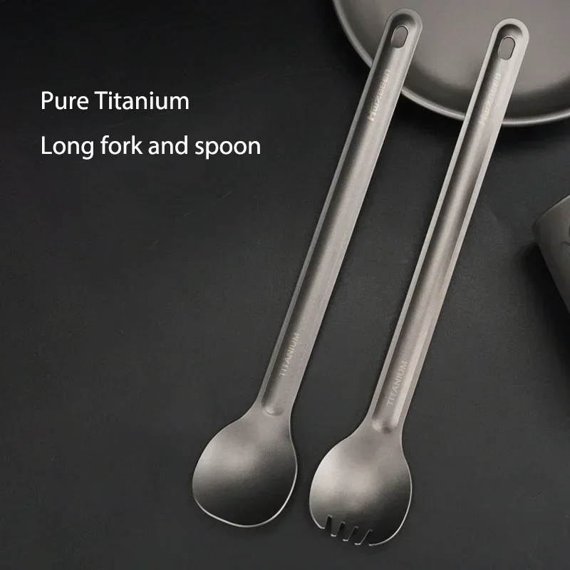 

Pure Titanium Alloy Long Handle Spoon Fork, Portable Tableware, Dinner, Outdoor Picnic, Camping