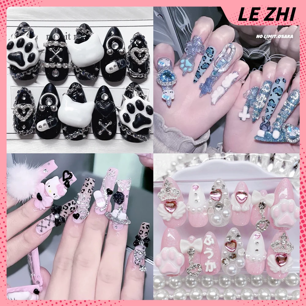 Kawaii Fashion Artifical Press on Nails Cartoon Hello Kitty Mymelody Retro Court Y2K Long Almond Full Cover Nail Holiday Gift