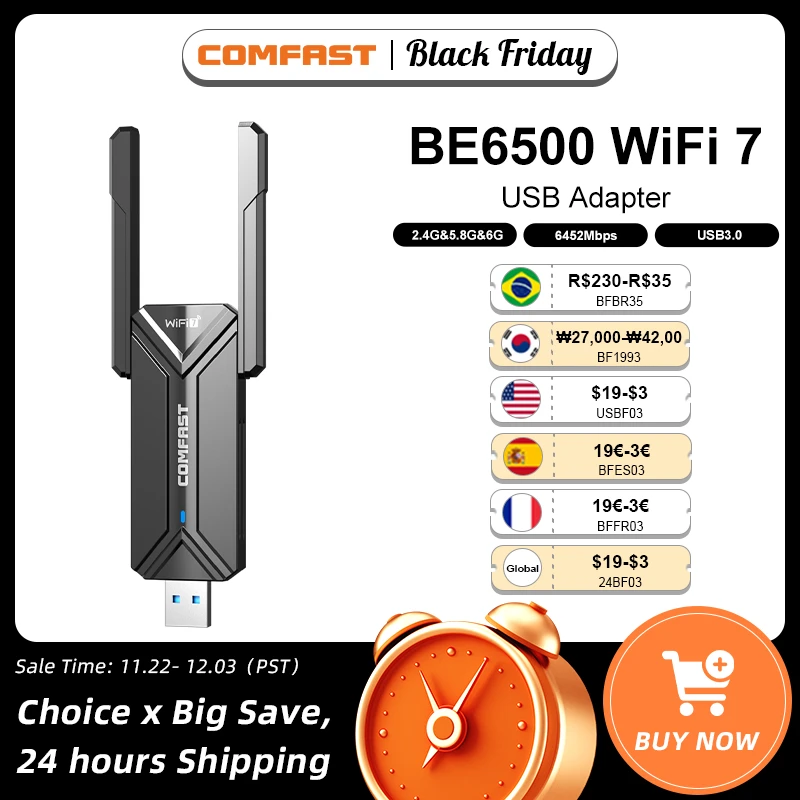 COMFAST WiFi 7 USB Adapter BE6500 2.4G&5.8G&6GHz Wireless Network Card 802.11be 6500Mbps Free-Drive WiFi7 Adaptador for Win10/11