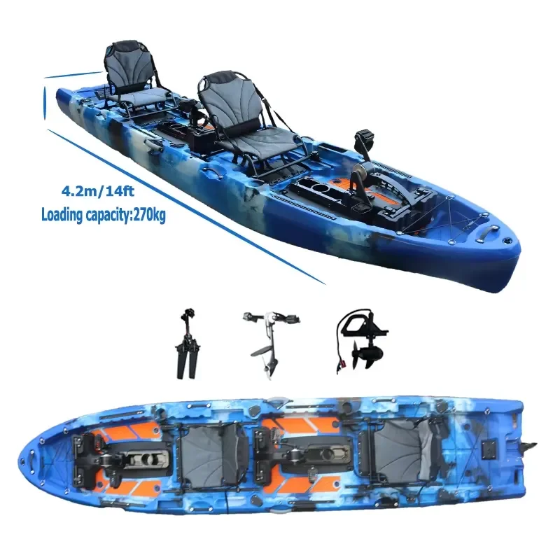 14FT 2Person Tandem Propeller Pedal Drive Kayak Double Seats 4.2m with Electric Motor Fishing Boat Fin Canoe PE Motorized