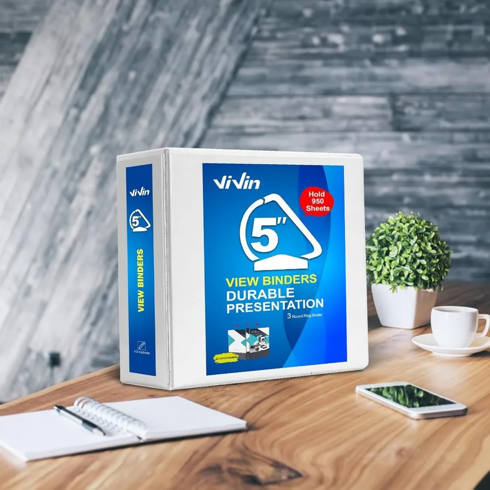 Durable 5 Inch D-Ring Binder, Large Capacity 950-Sheets, Fits 8.5 x 11 Paper, 6-Pack White, Slant-D Ring for Long-Lasting Use