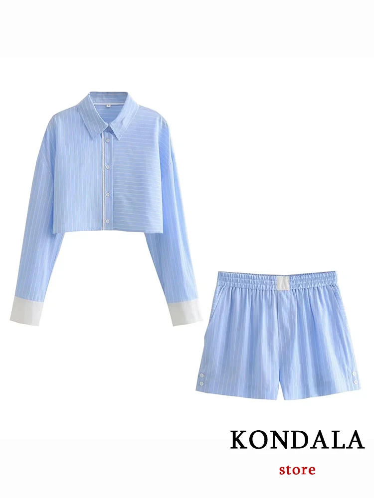 KONDALA Chic Casual Blue Striped PatchworkCommute Women Suit Fashion 2023 Short Sleeve Shirt Wide Leg Shorts Summer Holiday Set