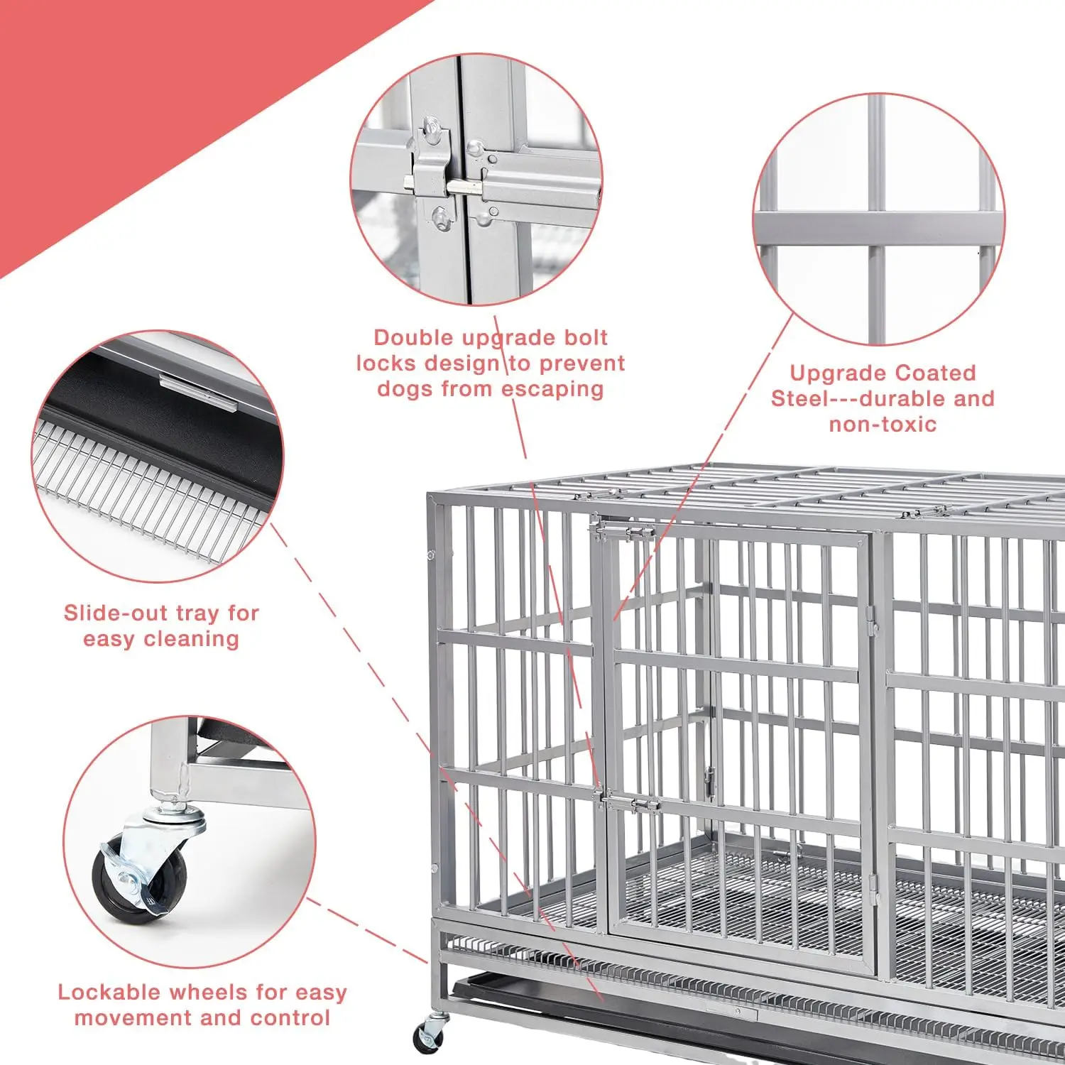 Heavy Duty Indestructible XL Dog Crate Steel Escape Proof, Indoor Double Door High Anxiety Cage (48-Inch-Silver)