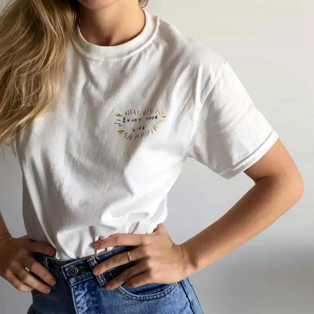 Enjoy Your Life Letters Printing Positive T Shirts Female Summer White Loose Cotton Tops Short Sleeve Crewneck Casual Tees