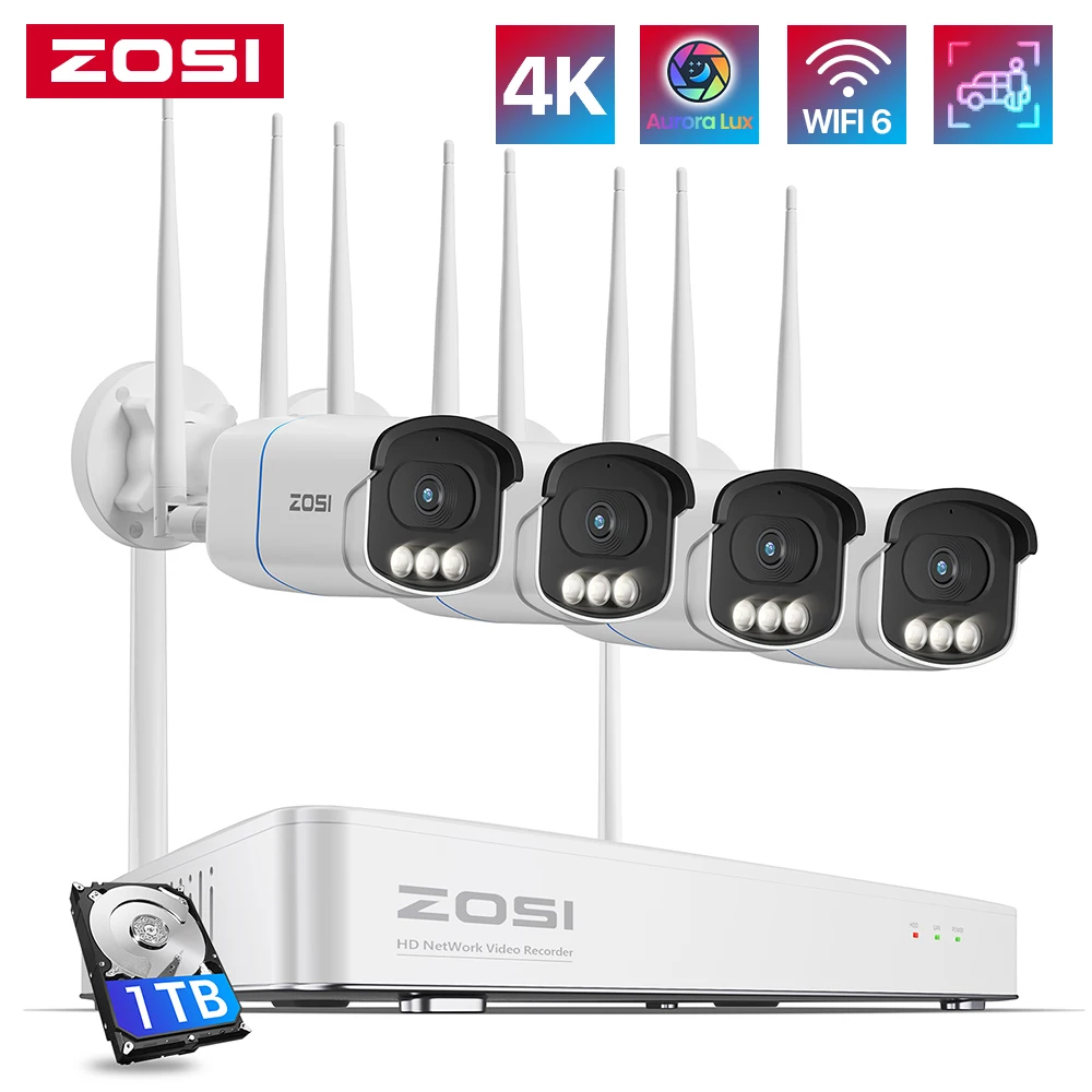 

ZOSI 4K HD WiFi 6 Система IP-камеры безопасности Aurora Lux True Color Night Vision 8MP/5MP Панорамирование Наклон Беспроводная камера видеонаблюдения