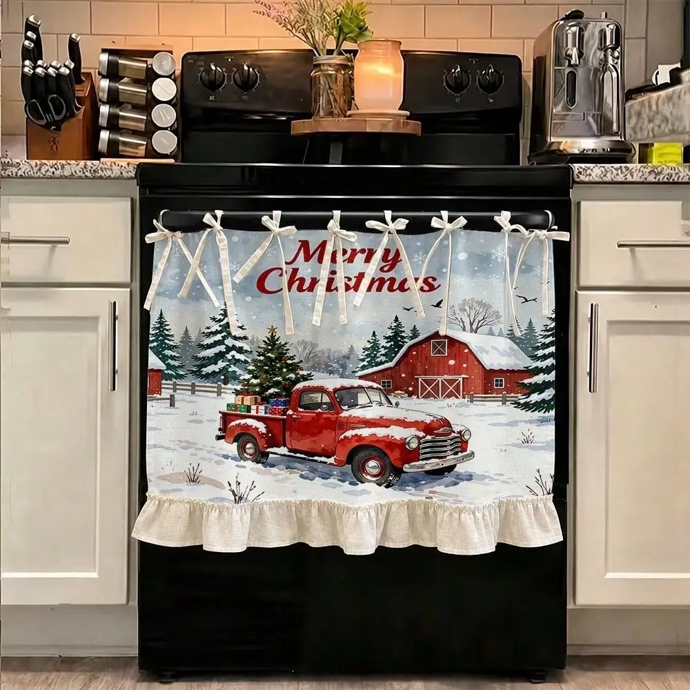 2D Christmas Style, Kitchen Appliance Cover, Multifunctional Oven Protective Curtain, Vintage Red Truck Snowy Barn Scene, Linen with Ruffled Hem and Ribbon Tie, Holiday Home Decor Enthusiasts Kitchen Apron
