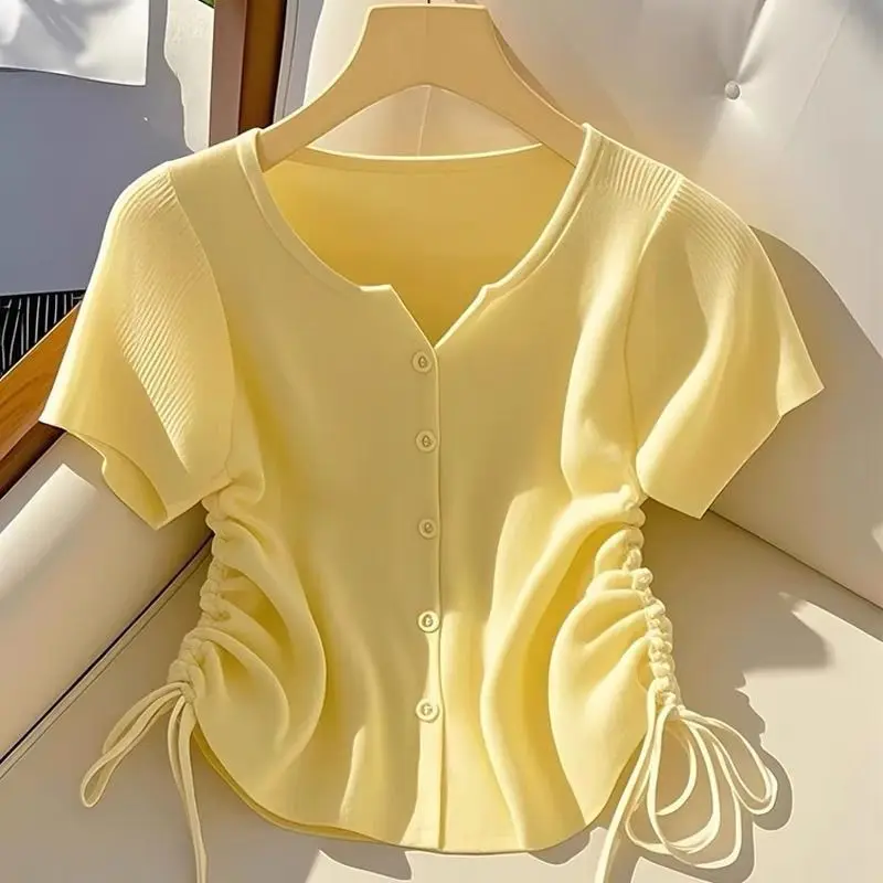Ice Silk Short Sleeve Cardigan Drawstring Women's Summer Chic Yellow Top Trendy Bodycon Effect Casual Loose Fit T-Shirt