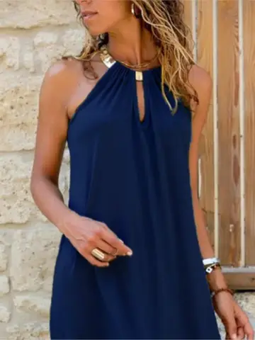 Sommarmode Nya Dam Sexiga Hängande Hals Ärmlösa Ihåliga Enfärgade Casual Paljett Slim Fit Kort Klänning 10 best sales bronsklänning - №8