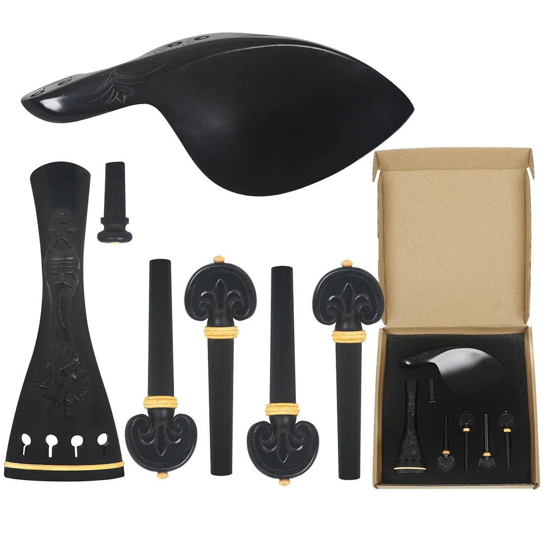 

Violin Fine Tuner Tailpiece Kit Ebony Embossed Cheek Rest 4/4 3/4 Violin Pull String Board Chord Shaft Tail Nail Accessories