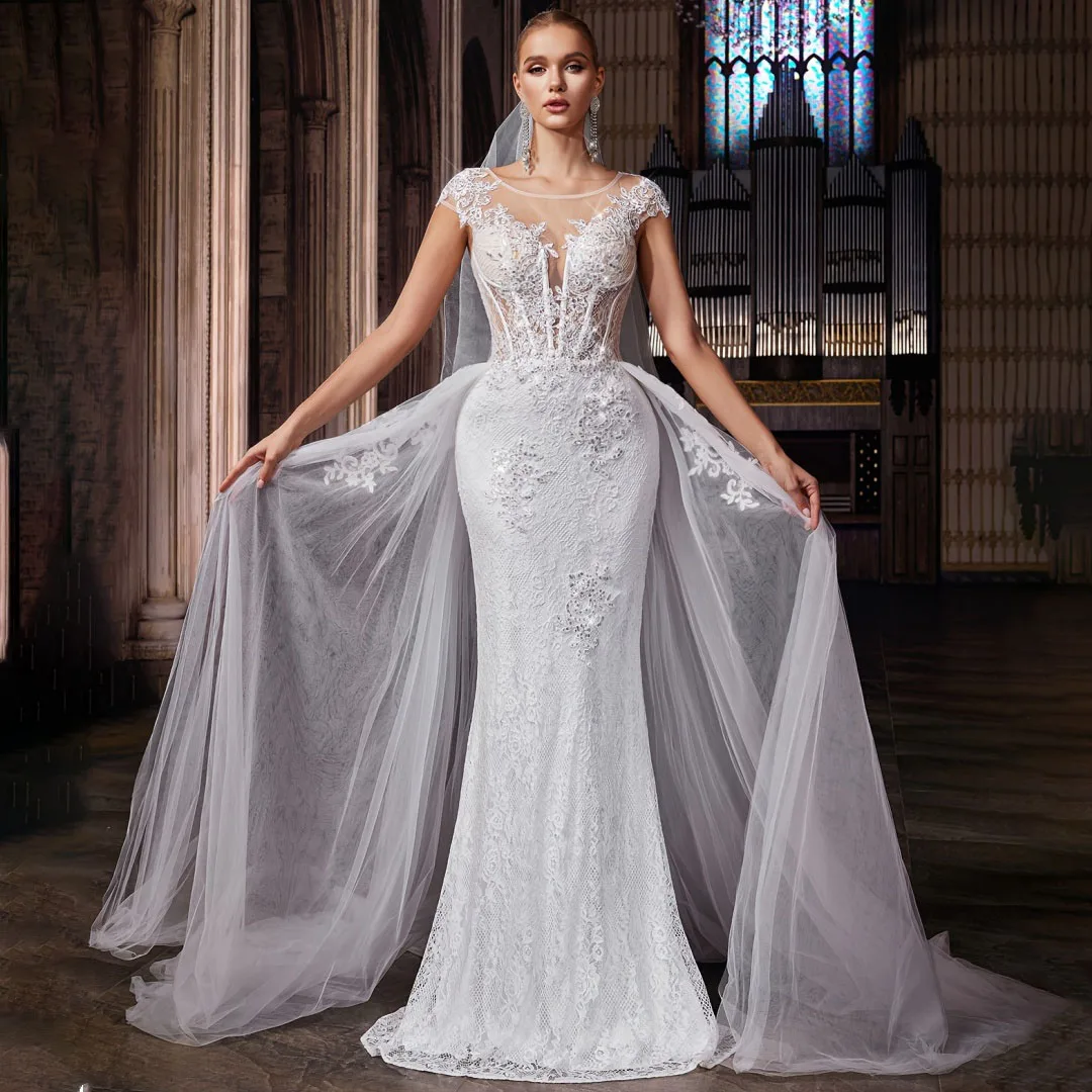 

Vintage Lace Wedding Dresses Women's Tulle O-neck Cap Sleeve Appliques Sequins Evening Gowns Luxury Chic Mermaid Bridal Dress