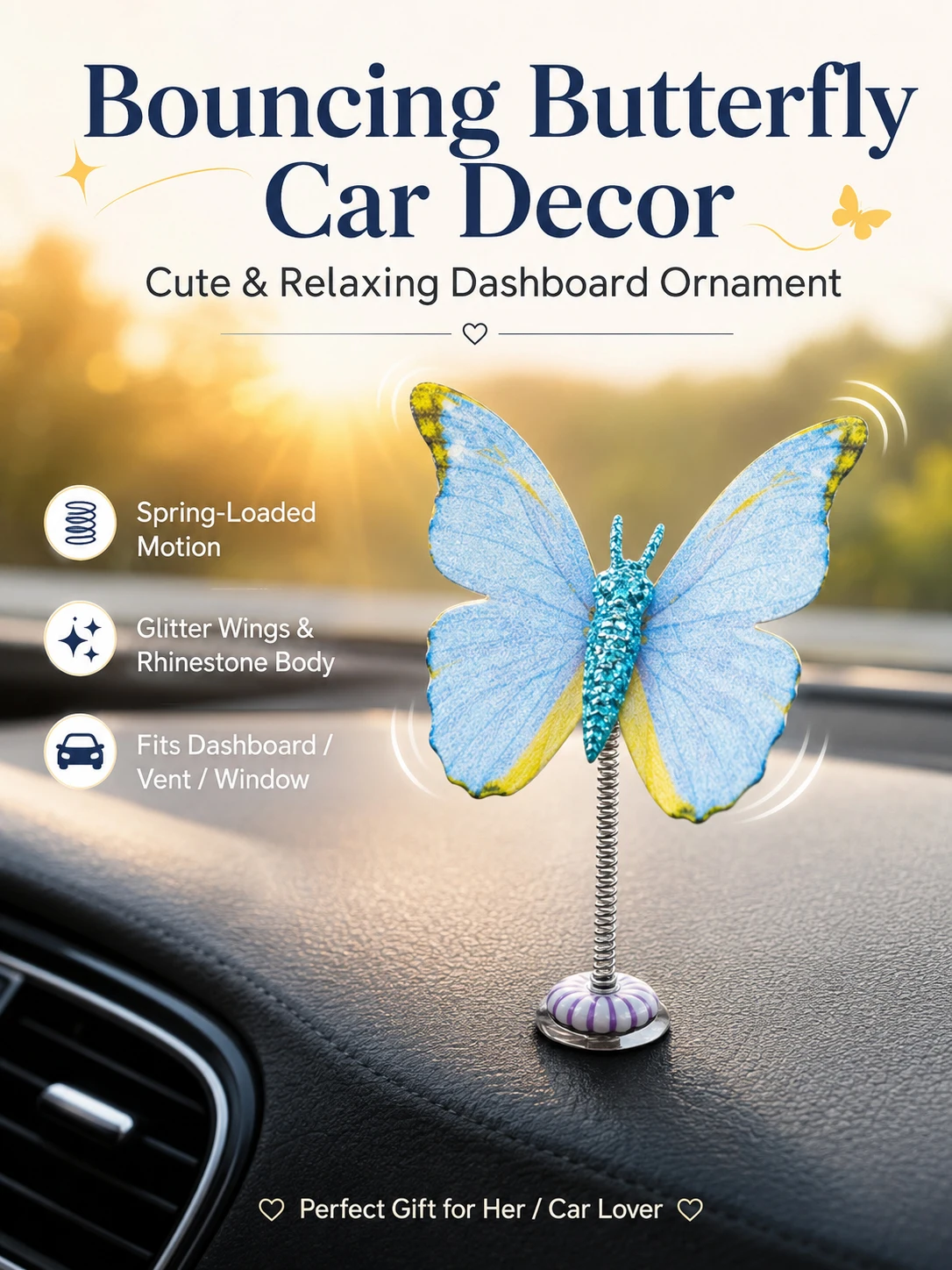 Bouncing Butterfly Car Decor - Spring-Loaded Glitter Wings, Rhinestone Body, Fits Dashboard/Vent/Window, Cute Gift for Her