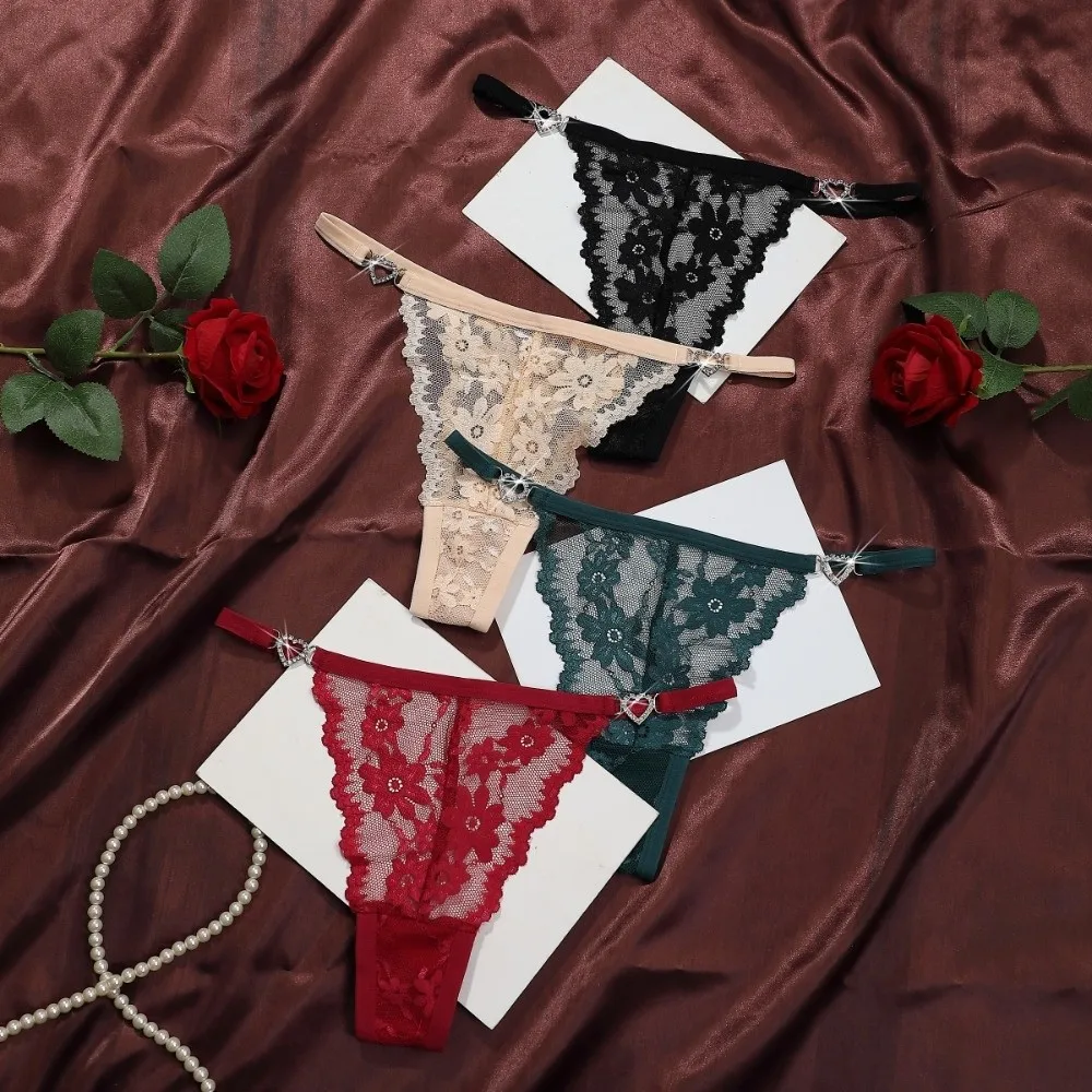 Jacquard Heart Rhinestone Thongs Low Waist Cotton Crotch Lace Flower Bikini Briefs Underpants Traceless T-back Panties