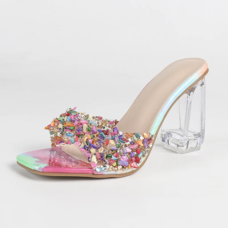 

Женские летние сандалии на высоком каблуке 9 см с прозрачным каблуком, цветными стразами, повседневные уличные сандалии на массивной подошве