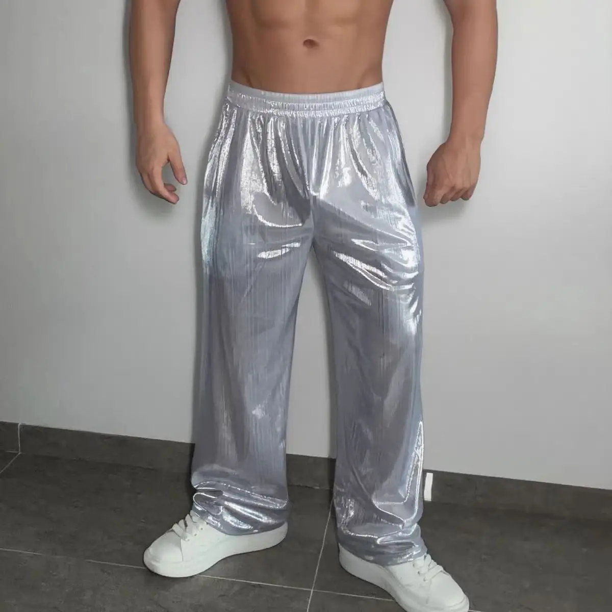 New Men's Retro Faux Leather Casual Long Pants Reflective Sporty MiCro-Flare Straight Trousers Singer Dancer Stage Trousers