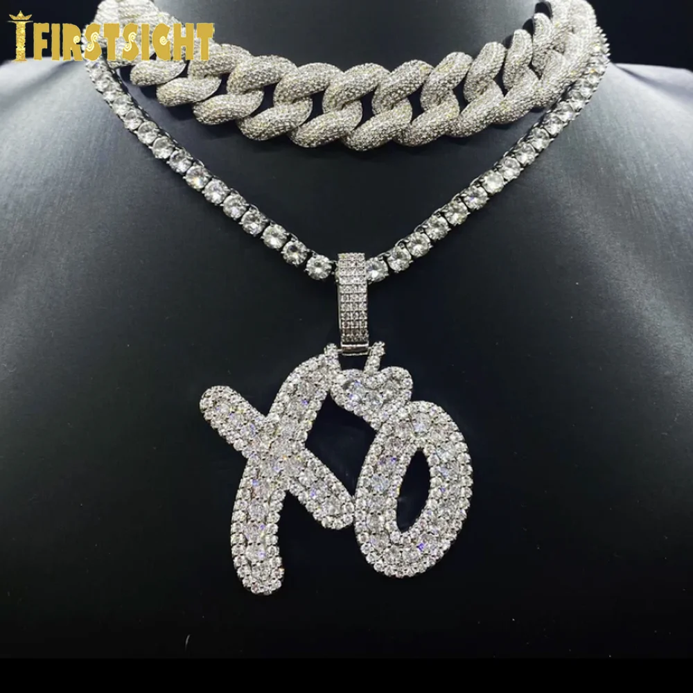 New Iced Out Bling Letter XO Pendant Necklace Gold Silver Color Tennis Chain AAA Zircon Hearts Charm Men Hip Hop Jewelry