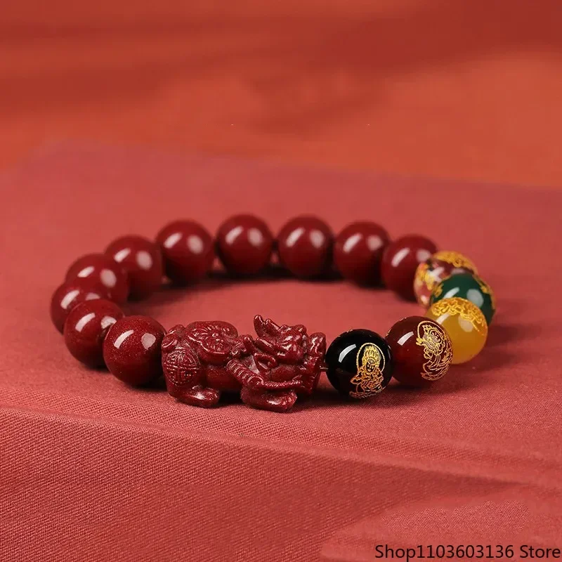 High Content Purple Gold Sand Five Gods of Wealth Bracelet Natural Cinnabar Men's and Women's Cinnabar Ruyi Pixiu Bracelet