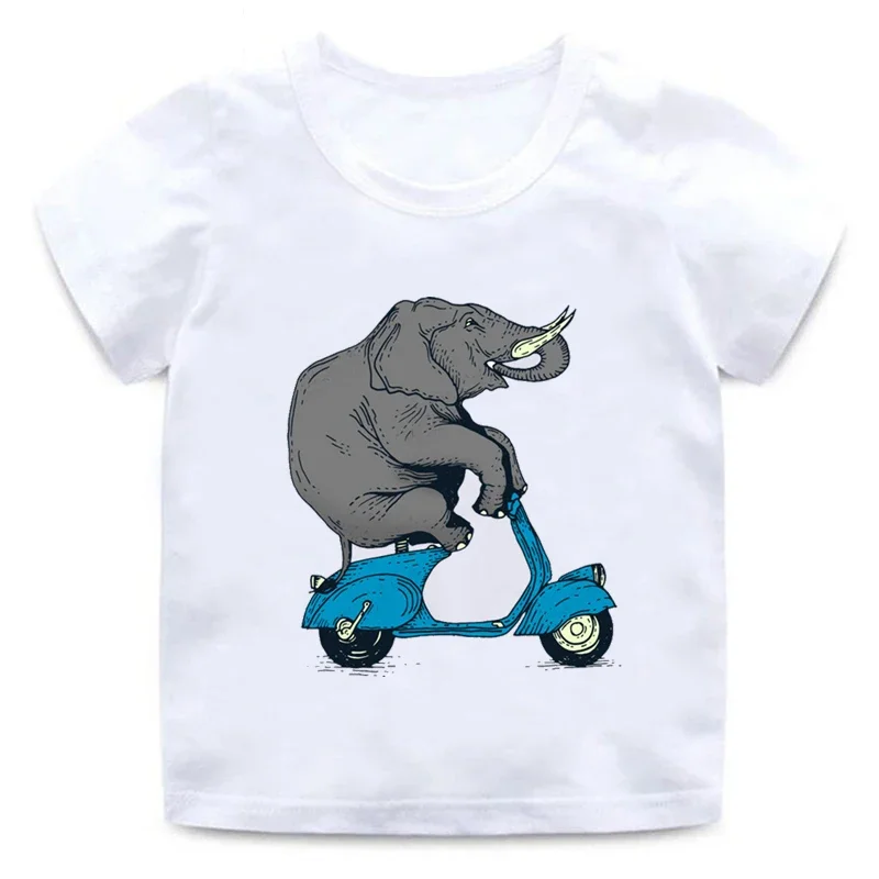 Children Cute Elephant Riding Motorcycle Print T-shirt Elephant Shirt Boys and Girls Soft Round Neck Casual Children T-shirt