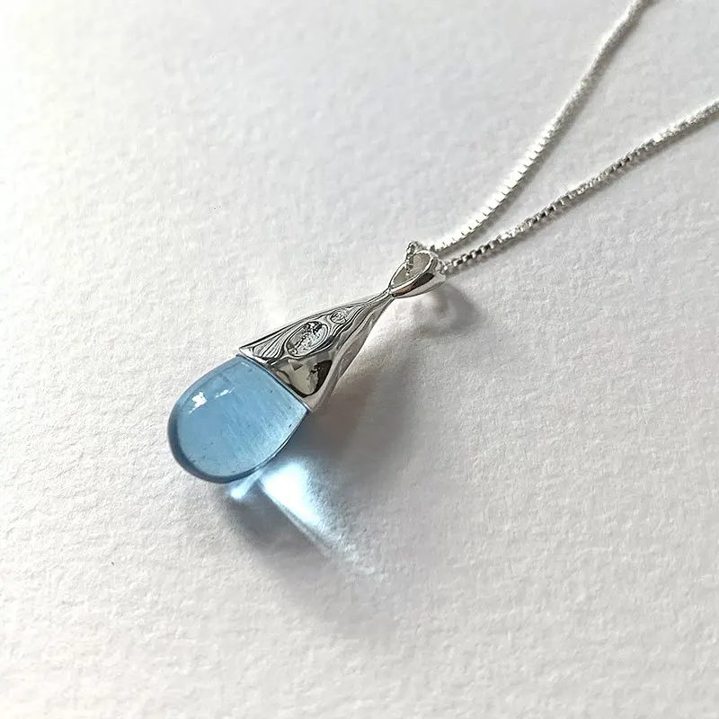 S925Sterling Silver Simple Elegant Blue Water Drop Necklace Pendant Female Special-Interest Design Korean Style All-Match Jewelr