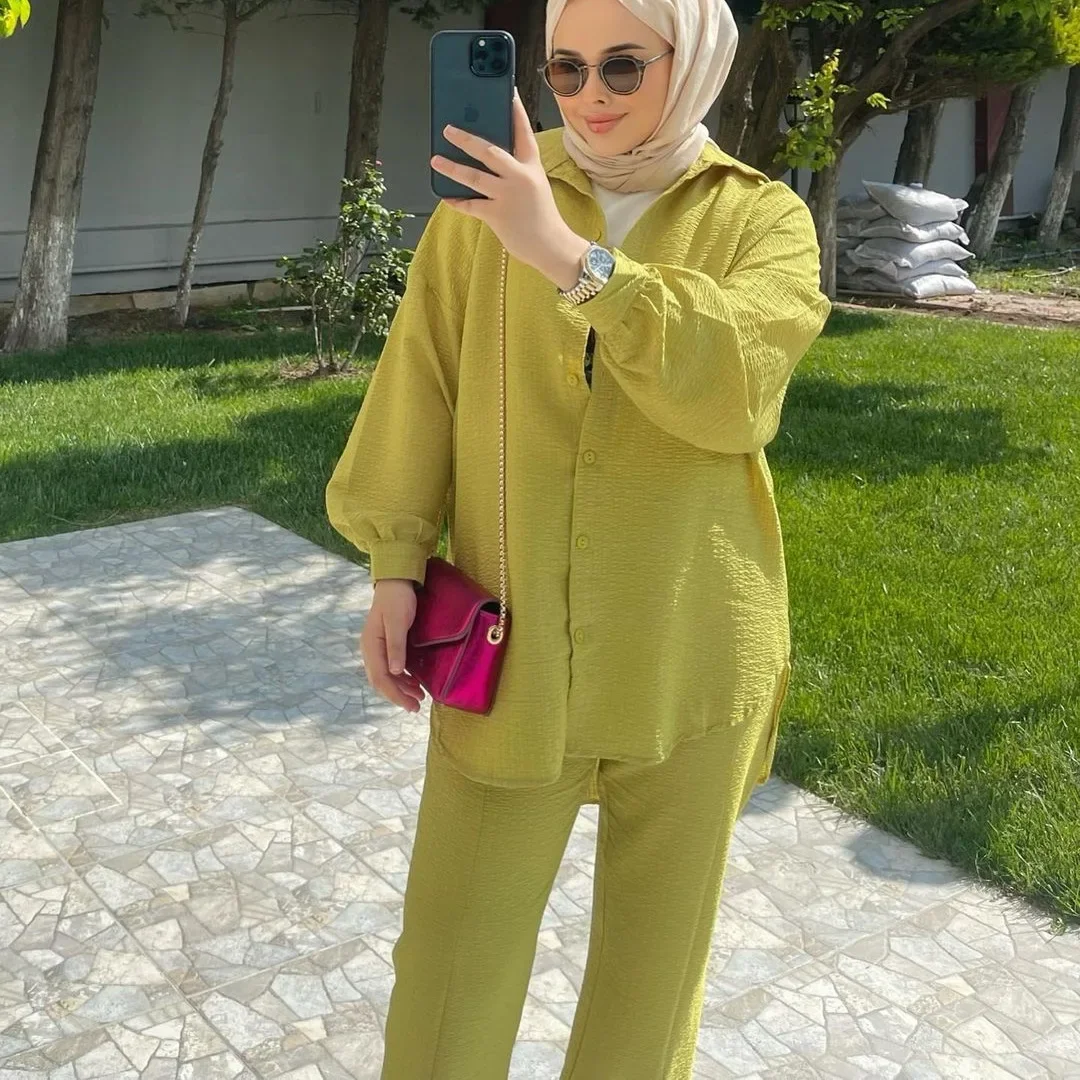 Women Eid Muslim Sets Single Breasted Two Pieces Cardigan Ensemble Kaftan Button Blouses Wide Leg Pants Arab Sporty Loose