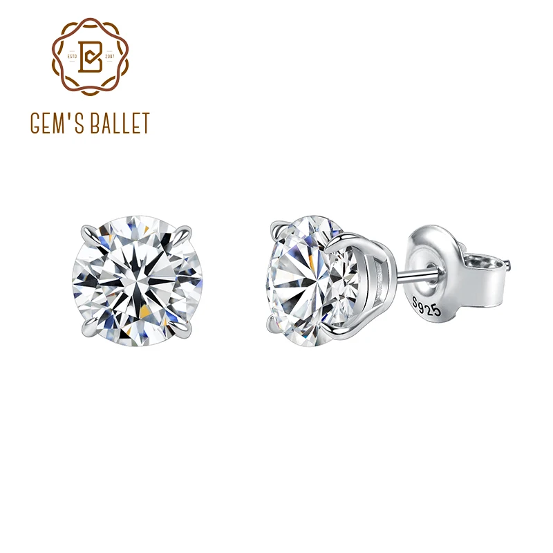 GEM'S BALLET 0.3 - 2.0CT D Color Claw Four -Prong Round Moissanite Stud Earrings in 925 Sterling Silver Gift For Her 2025NEW