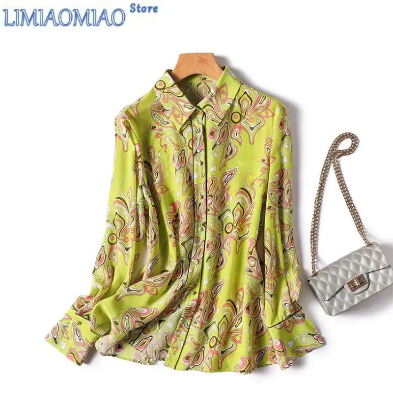 New Yellow Geometric Print Vintage Long Sleeve Single Breasted Women Blouse Shirt Korean Fashion Female Blouses Top Spring