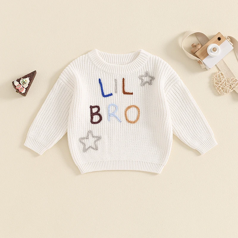 Little Kid Infant Baby Boys Sweater Letter LIL BIG Bro Star Embroidery Long Sleeve Knitwear Round Neck Loose Fit Pullover