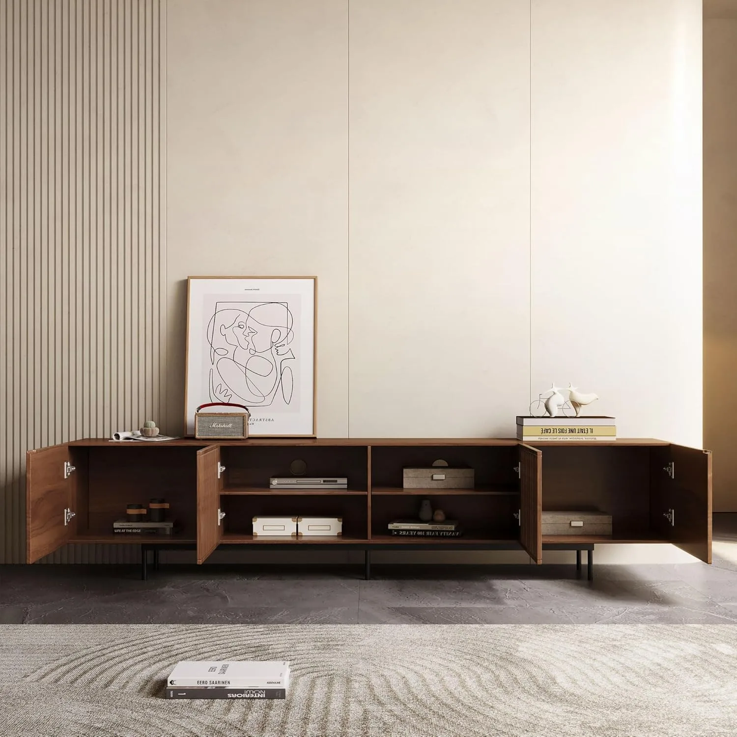 حامل تلفزيون حديث لمنتصف القرن لأجهزة تلفزيون مقاس 80+ بوصة، وحدة تحكم من خشب الجوز مقاس 94.48 بوصة مع مساحة تخزين كافية - مركز ترفيه أنيق للعيش