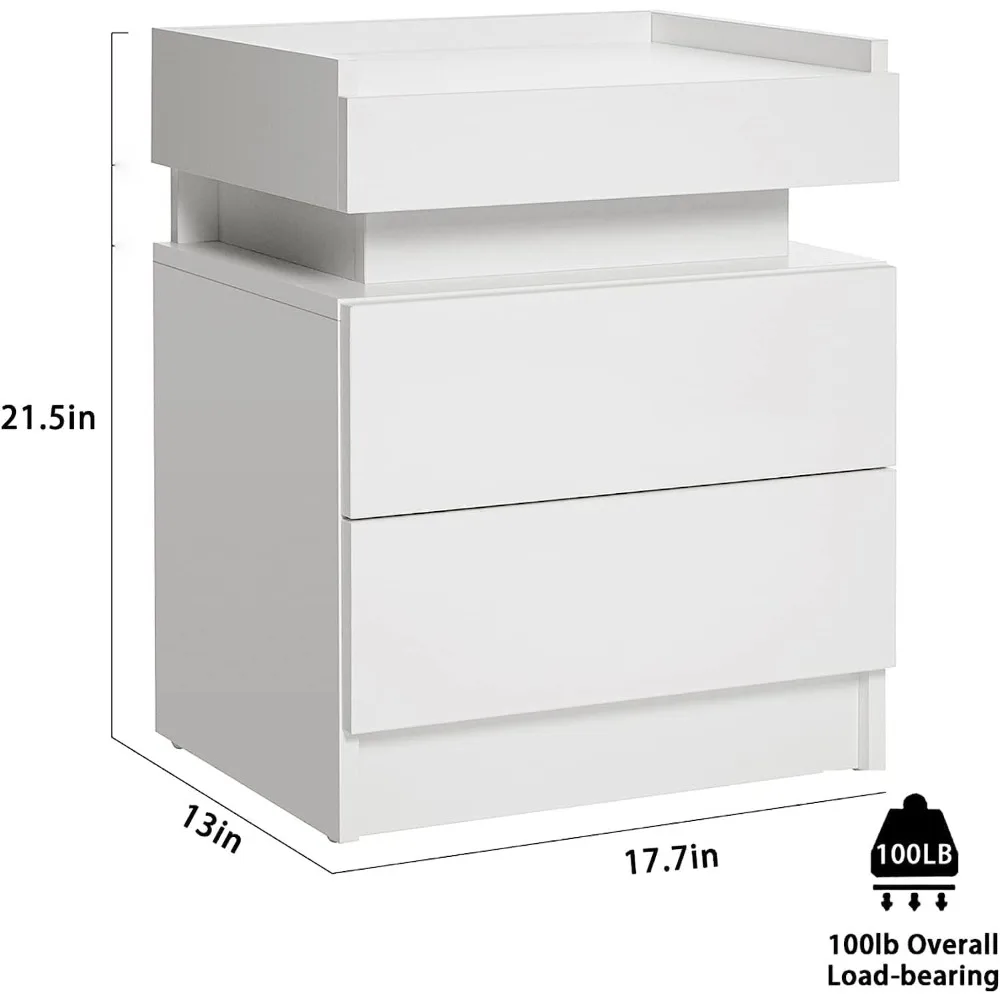 Modern LED Nightstand Set - 2 Drawers High Gloss White Bedside Table with Smart Tabletop Lighting, Contemporary Nightstands for