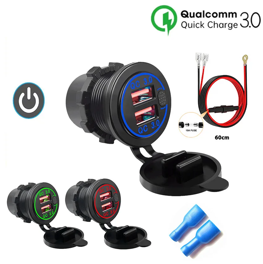 

Автомобильное зарядное устройство QC3.0 с двумя USB-портами и панелью, водонепроницаемый адаптер питания с розеткой-переключателем для автомобиля, лодки, мотоцикла