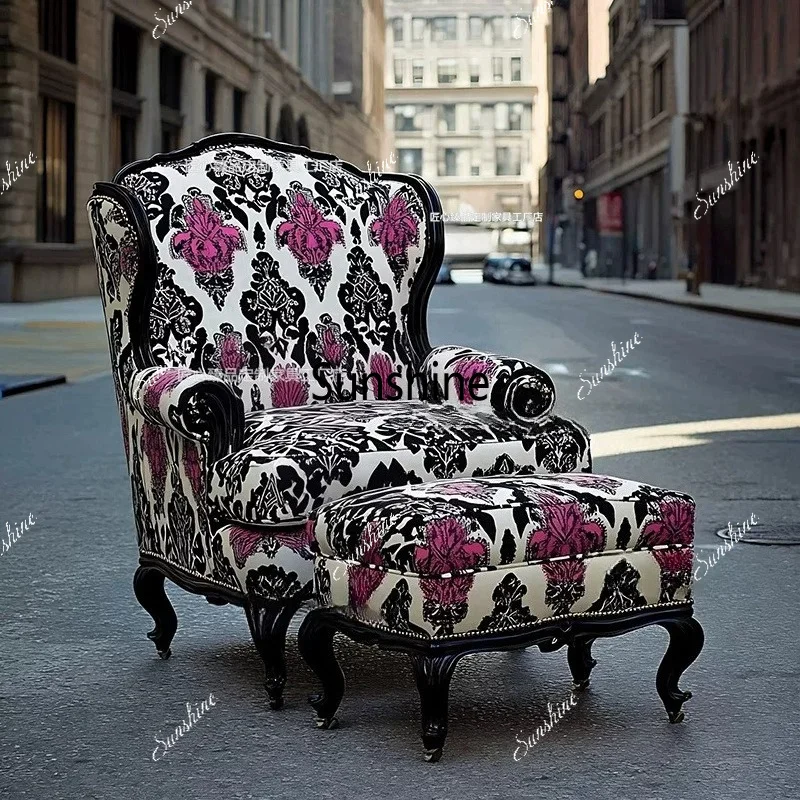 French retro solid wood sofa chair flannel printing fabric balcony leisure
