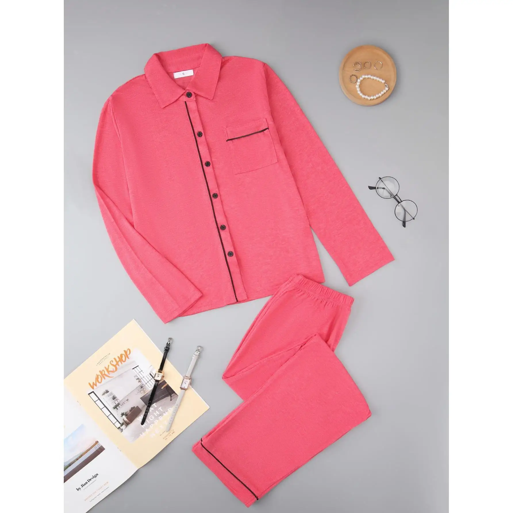 女性用カジュアル長袖パジャマセット-快適なホームウェア-オープンカーディガン-ソフト素材-春秋シーズン用