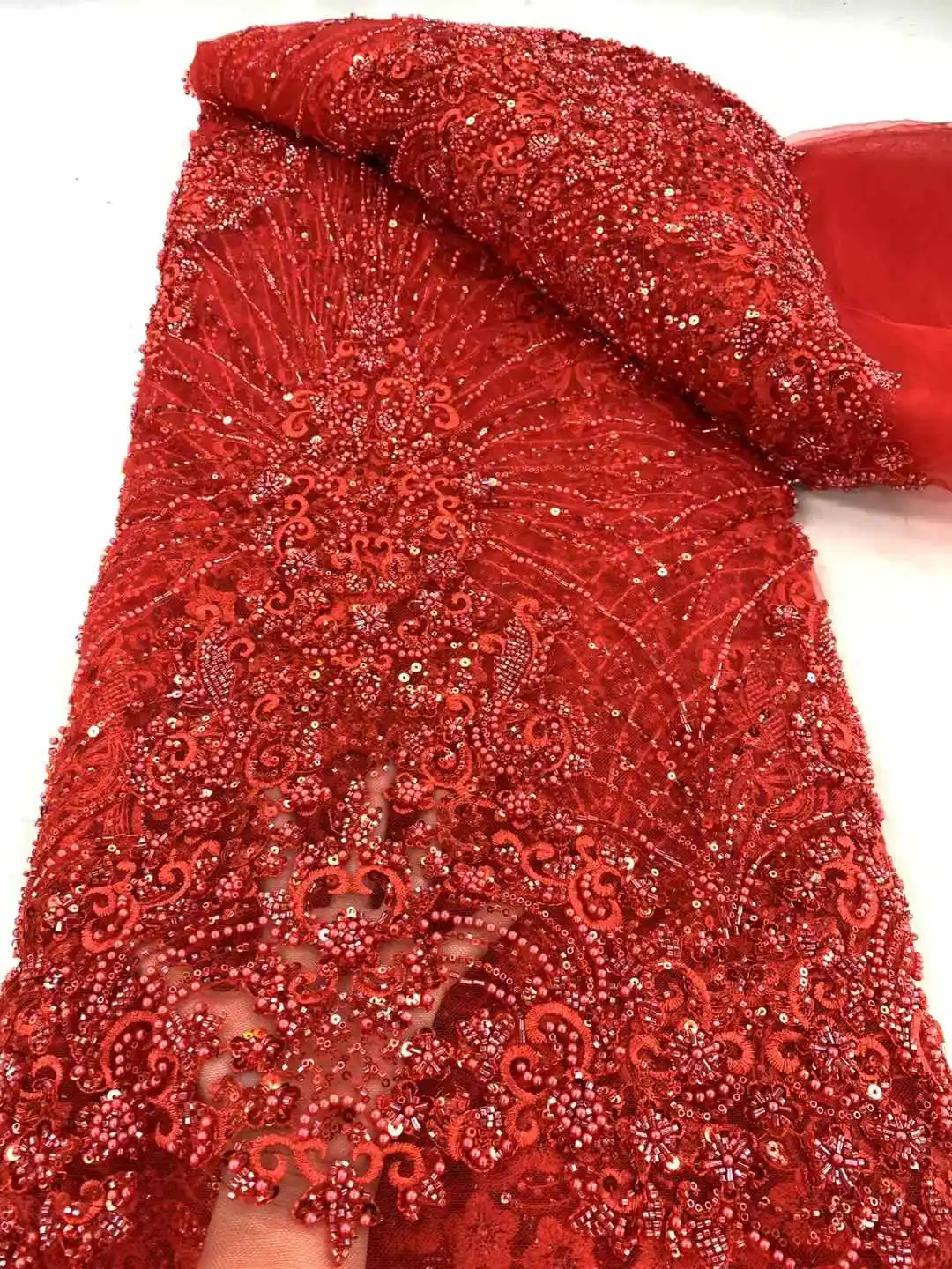 

Red African Groom Lace Fabric, French Sequins Embroidery, Beaded Tulle, Wedding Party Dress, High Quality, 2024