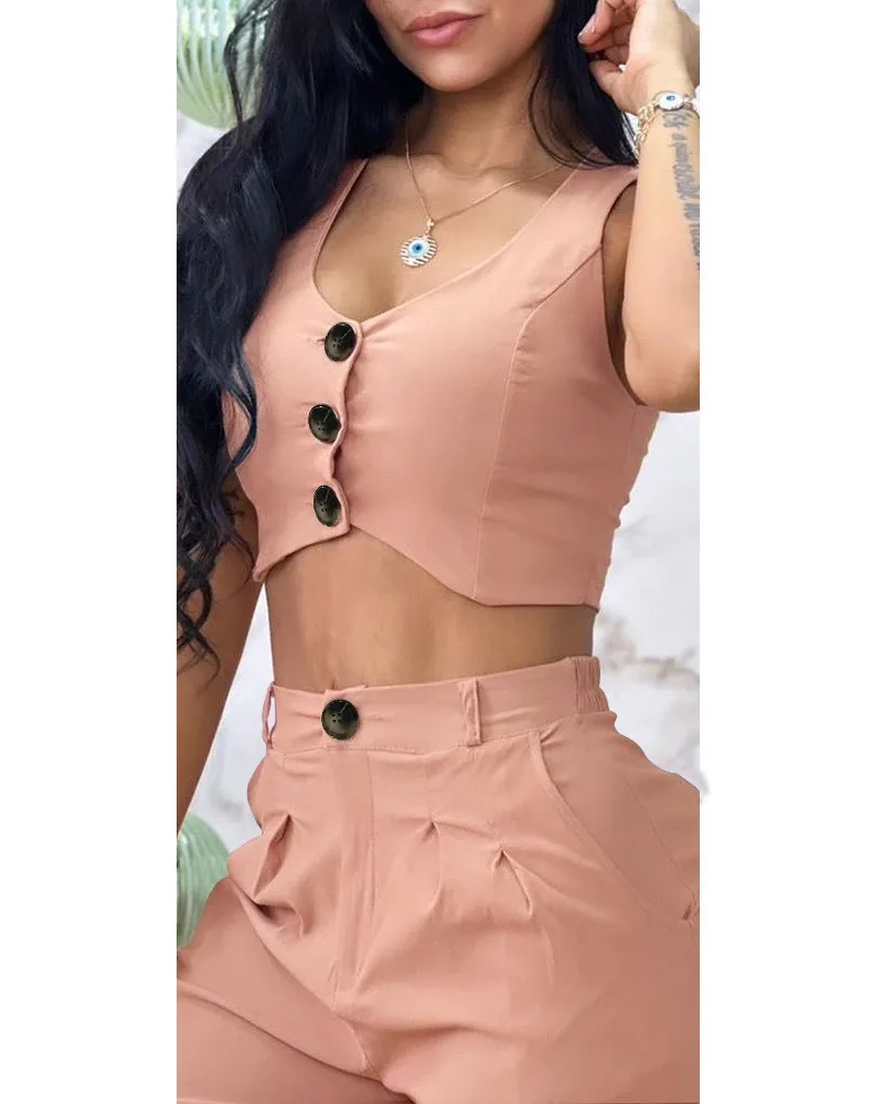 

Sexy Two Piece Sets Womens Outifits Buttoned Vest Coat & Elegant High Waist Wide Leg Pants Set Fashion New Casual Female Suit