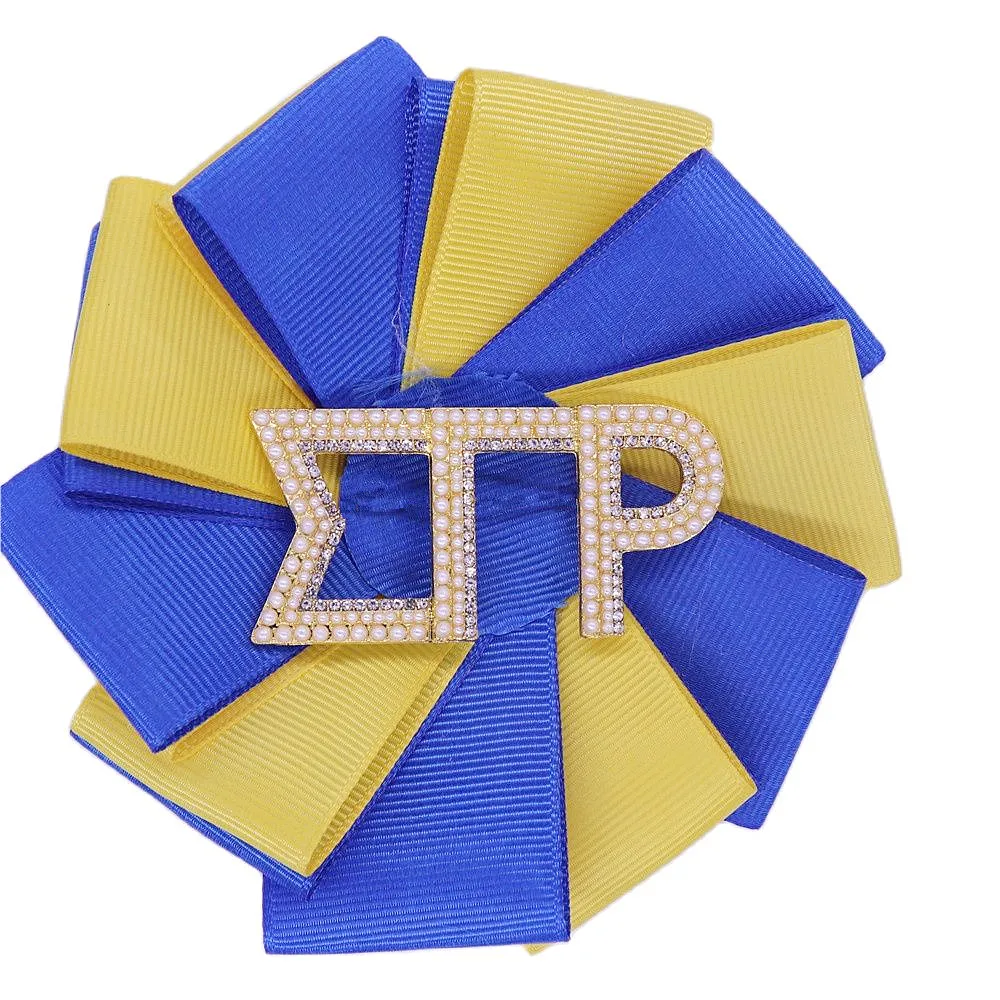 New Made Satin Blue Yellow Ribbon Greek Social Letters Sorority Sigma Gamma Rho Pin SGRHO Corsage Brooch For Women