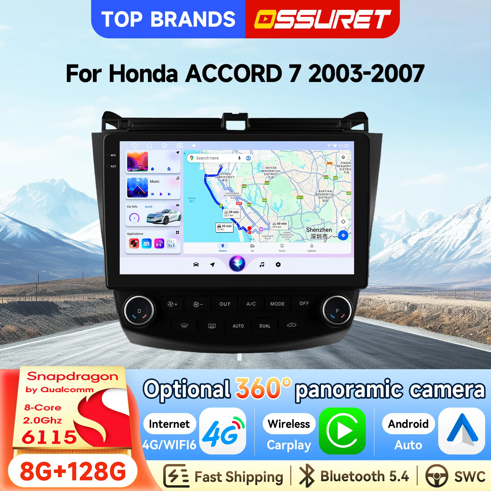 OSSURET Bestseller 2 Din Autoradio Android 15 Autoradio für Honda ACCORD 7 2003-2007 Optional 360 °   Panoramakamera SWC Kabelloses Carplay Android Auto DSP Audio WiFi Geteilter Bildschirm Bluetooth