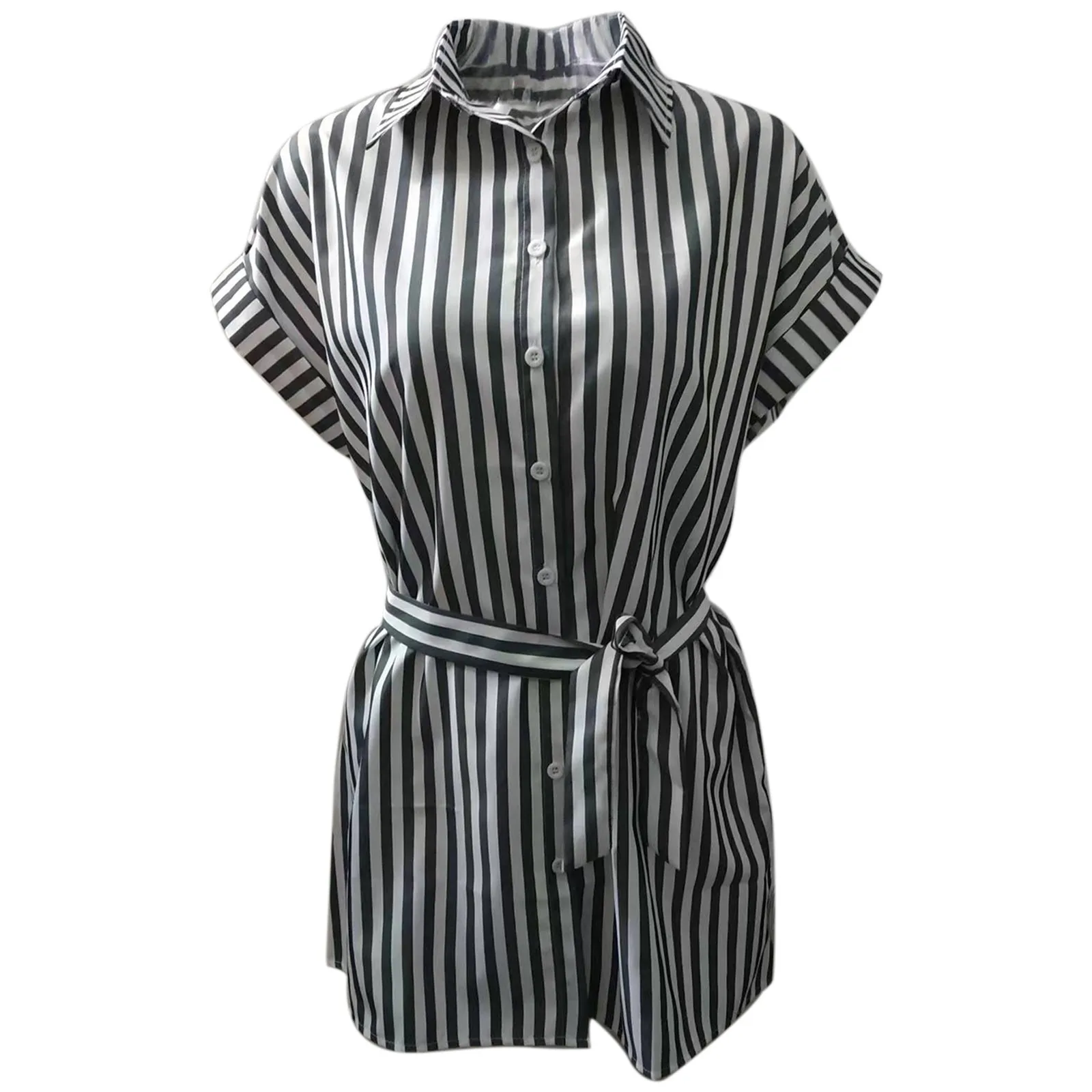 2024 Women'S Striped Short Sleeved Shirt Lace Up Dress Summer Striped Ladies Button Up Short Slim Fit Holiday Mini Dress