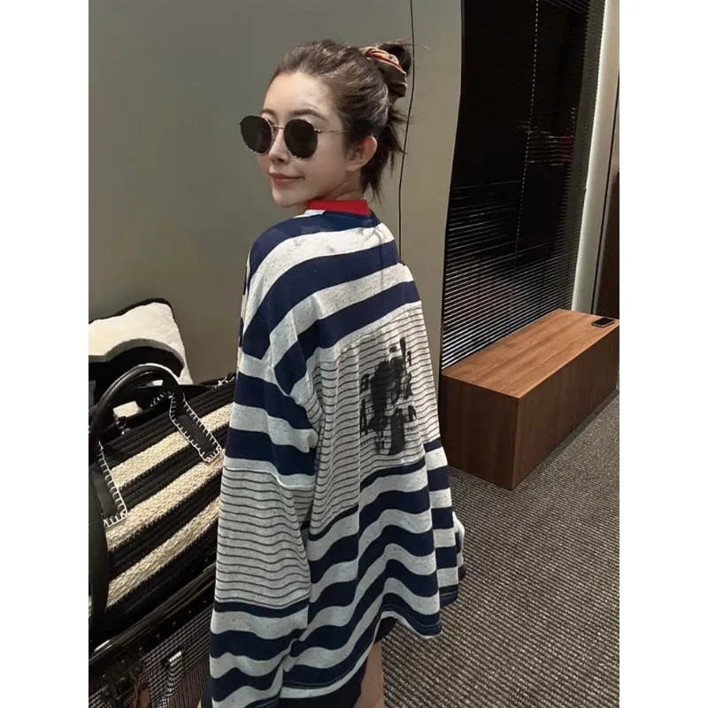 2025 Populair uniek topontwerp Niche Gestreept zonbeschermings-T-shirt Dames Ronde hals Veelzijdige trui met lange mouwen